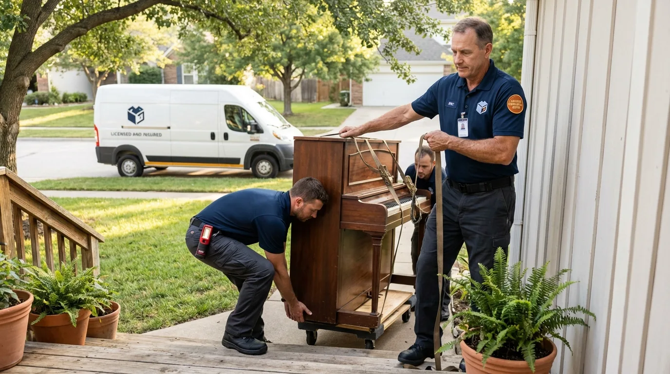 Licensed piano movers securing grand piano in Newport, AR