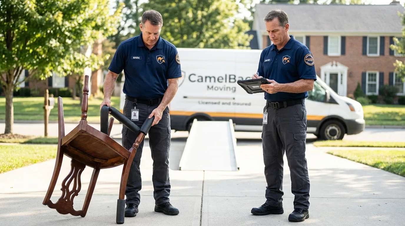 Movers inspecting furniture for damage prevention before loading in Newport, AR